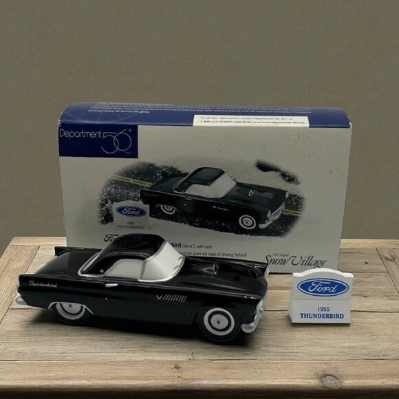 Department 56 Snow Village 1955 Ford Thunderbird With Sign #54950 Black Car - Picture 1 of 16